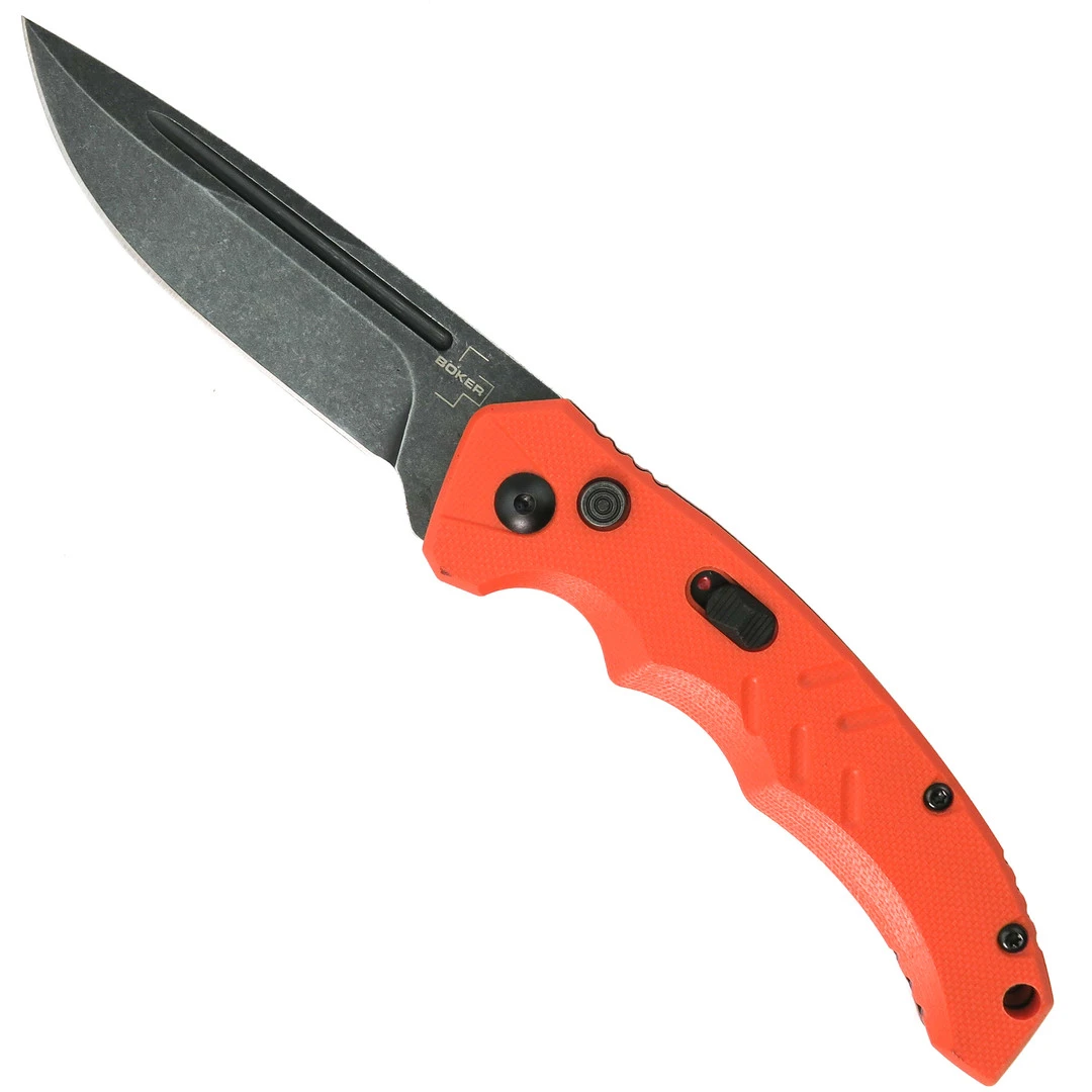 Boker Plus Exclusive Orange Intention II Auto Knife, Dark Stonewash Blade 1 Boker Plus Exclusive Orange Intention II Auto Knife, Dark Stonewash Blade