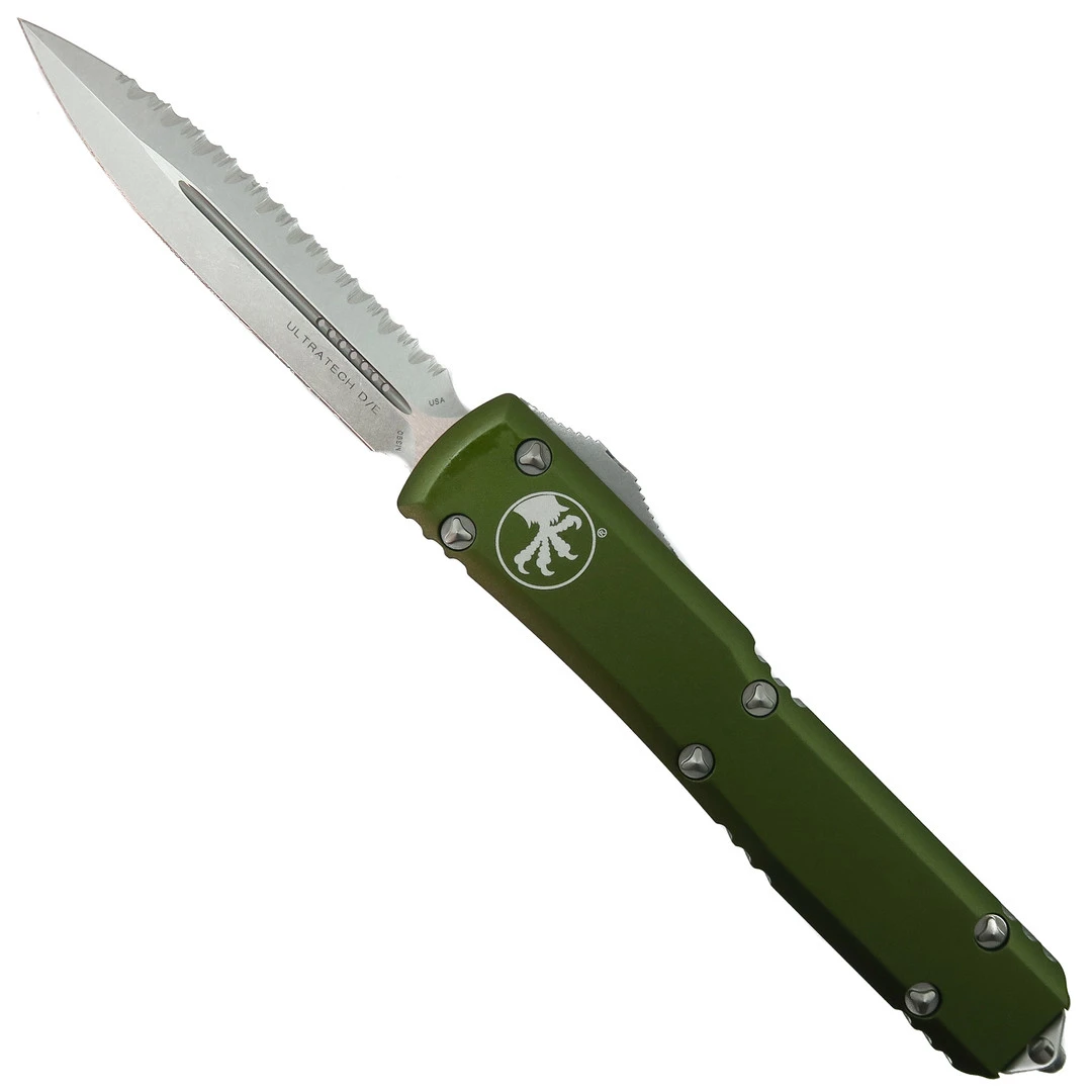 Microtech OD Green Ultratech OTF Knife, Stonewash Full Serrated Dagger Blade 1 Microtech OD Green Ultratech OTF Knife, Stonewash Full Serrated Dagger Blade