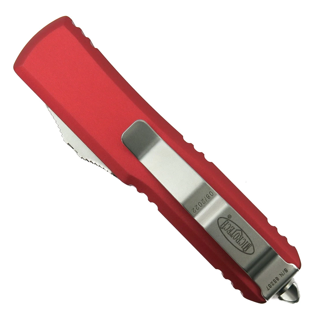 Microtech Red UTX-85 OTF Auto Knife, Stonewash Serrated Dagger Blade 2 Microtech Red UTX-85 OTF Auto Knife, Stonewash Serrated Dagger Blade - Image 2