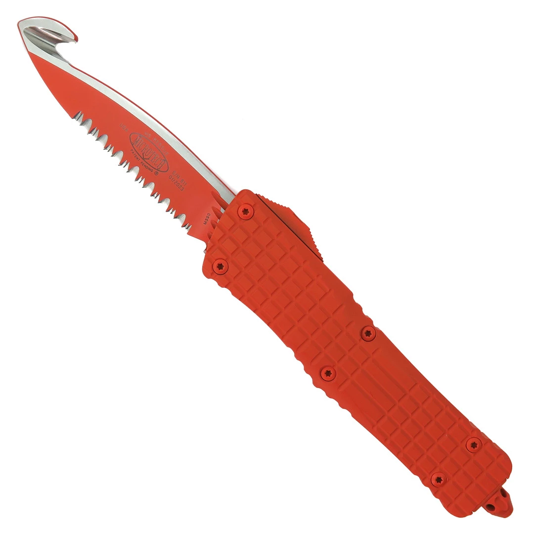 Microtech Orange Cerakote Frag Pattern Rescue Combat Troodon, Rescue Serrated Blade 1 Microtech Orange Cerakote Frag Pattern Rescue Combat Troodon, Rescue Serrated Blade