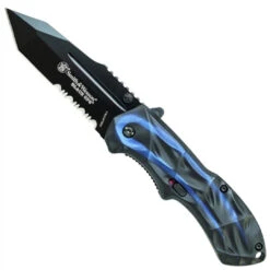 Smith & Wesson Black Ops Spring Assist Knife, Blue Handle, Tanto Black Part Ser Blade, BLOP3TBLS